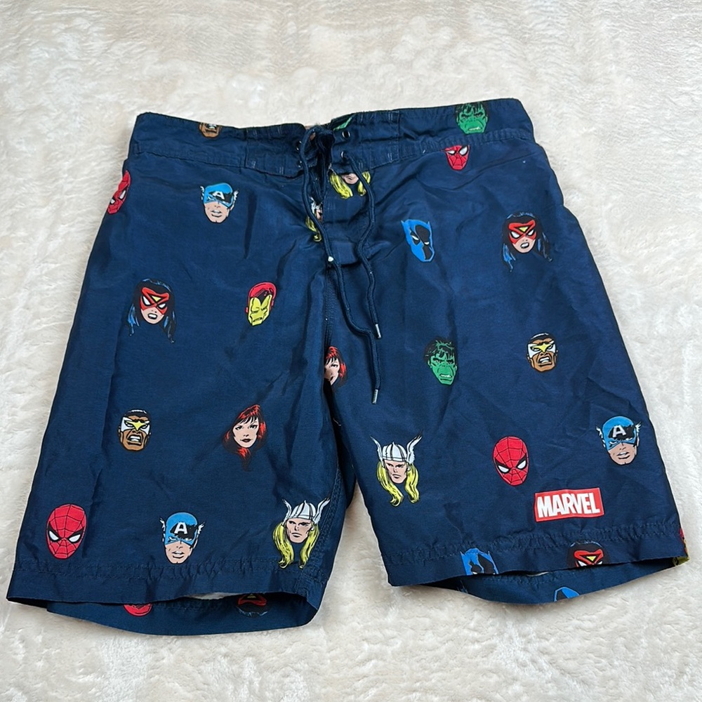 Marvel Blue Swim Trunk Shorts with Superhero Icons